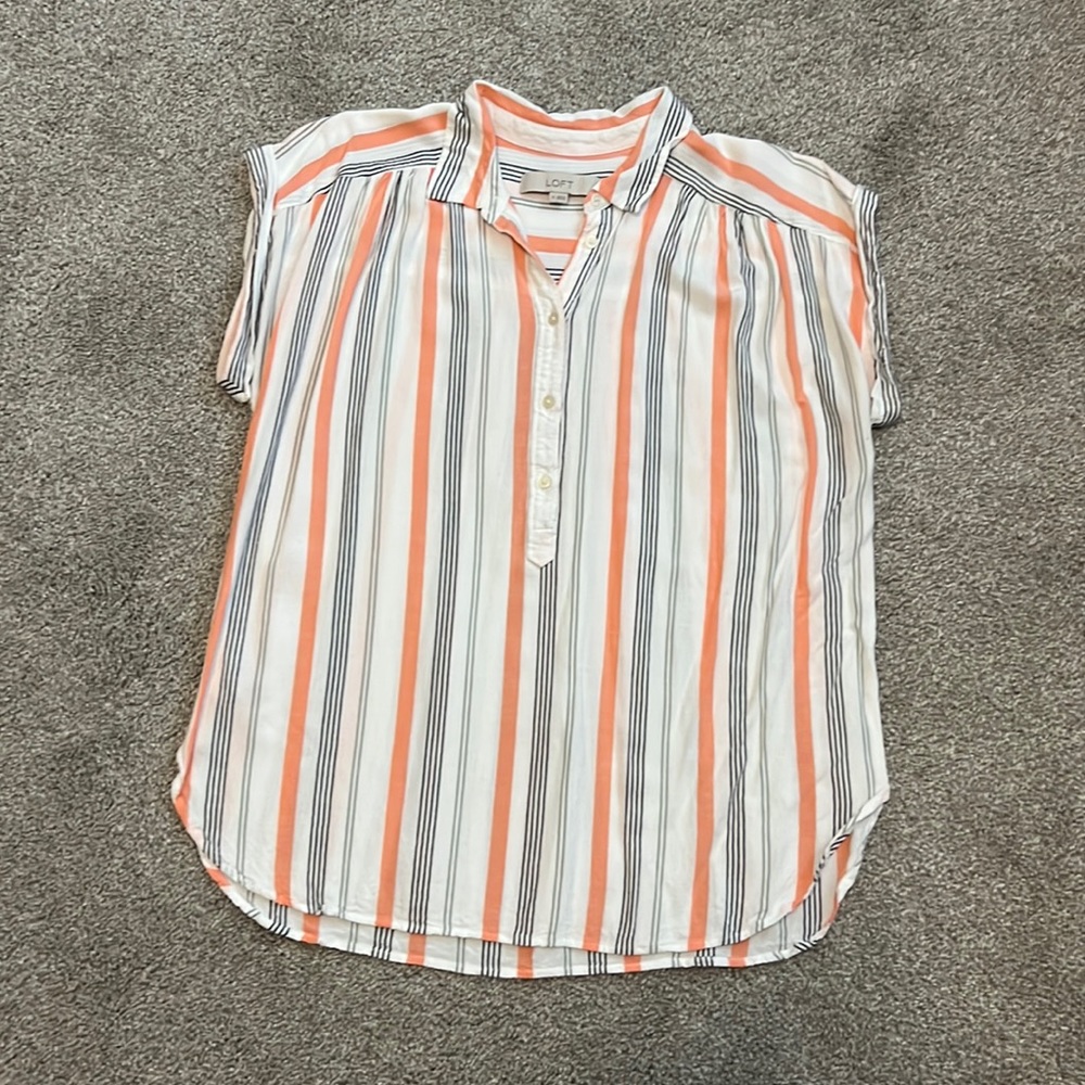 LOFT Coral and Navy Striped Cap-Sleeve Button Pullover Blouse